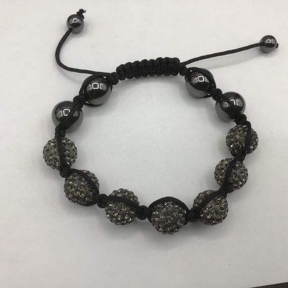 Adjustable Cord Hematite & Black Shambalia Beads Bracelet - Picture 1 of 4